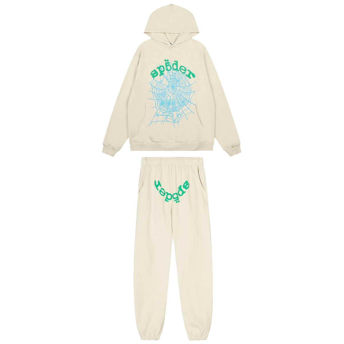 Sp5der Cream Graphic Hoodie & Sweatpants Matching Set — hero