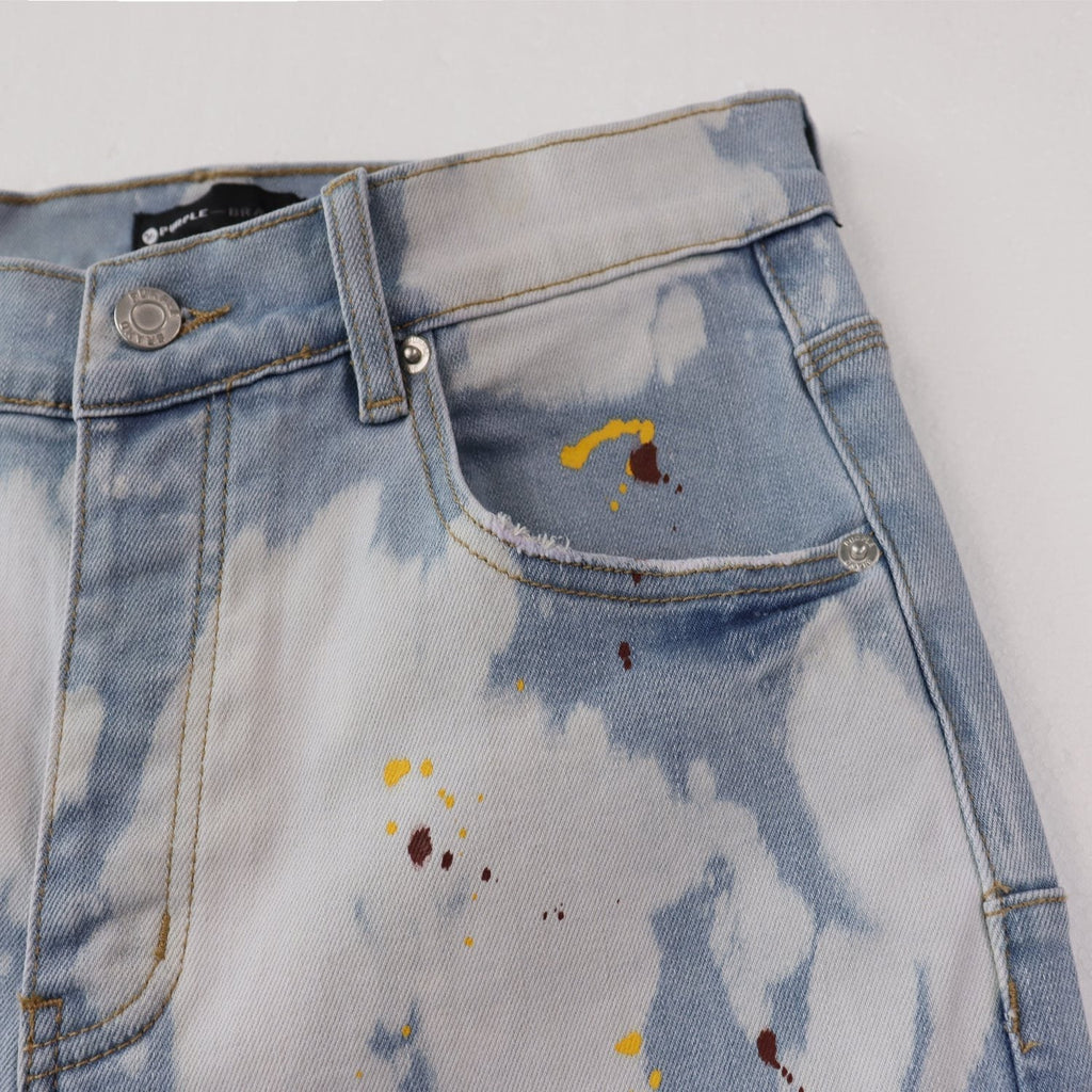 Purple Brand Light Blue Bleached Paint Splatter Skinny Jeans — detail