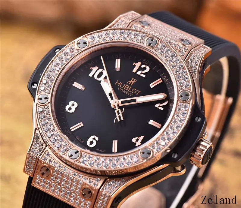 Hublot Rose Gold Diamond Black Rubber Strap - Hình 4