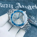 blue Omega Seamaster Grey Wave Dial