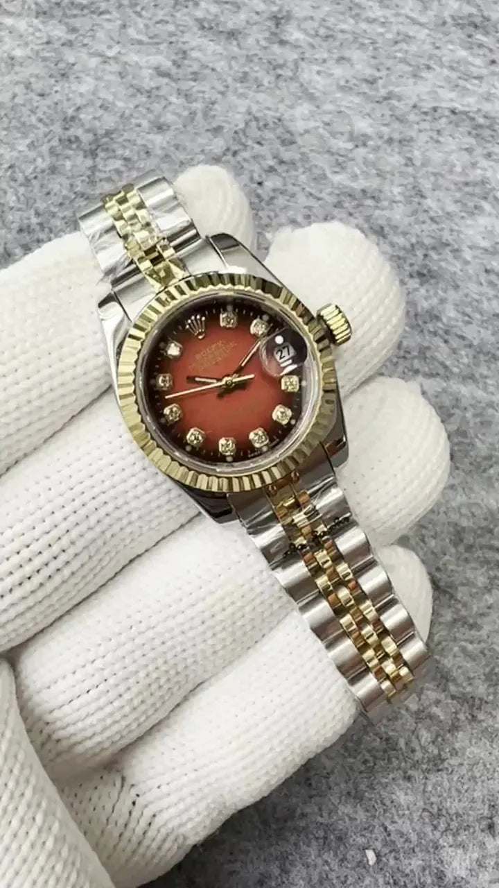 Rolex Red Dial Diamond Two-Tone